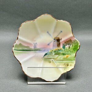 Vintage Nippon Porcelain Scalloped Dish With Hand-Painted Windmill Landscape